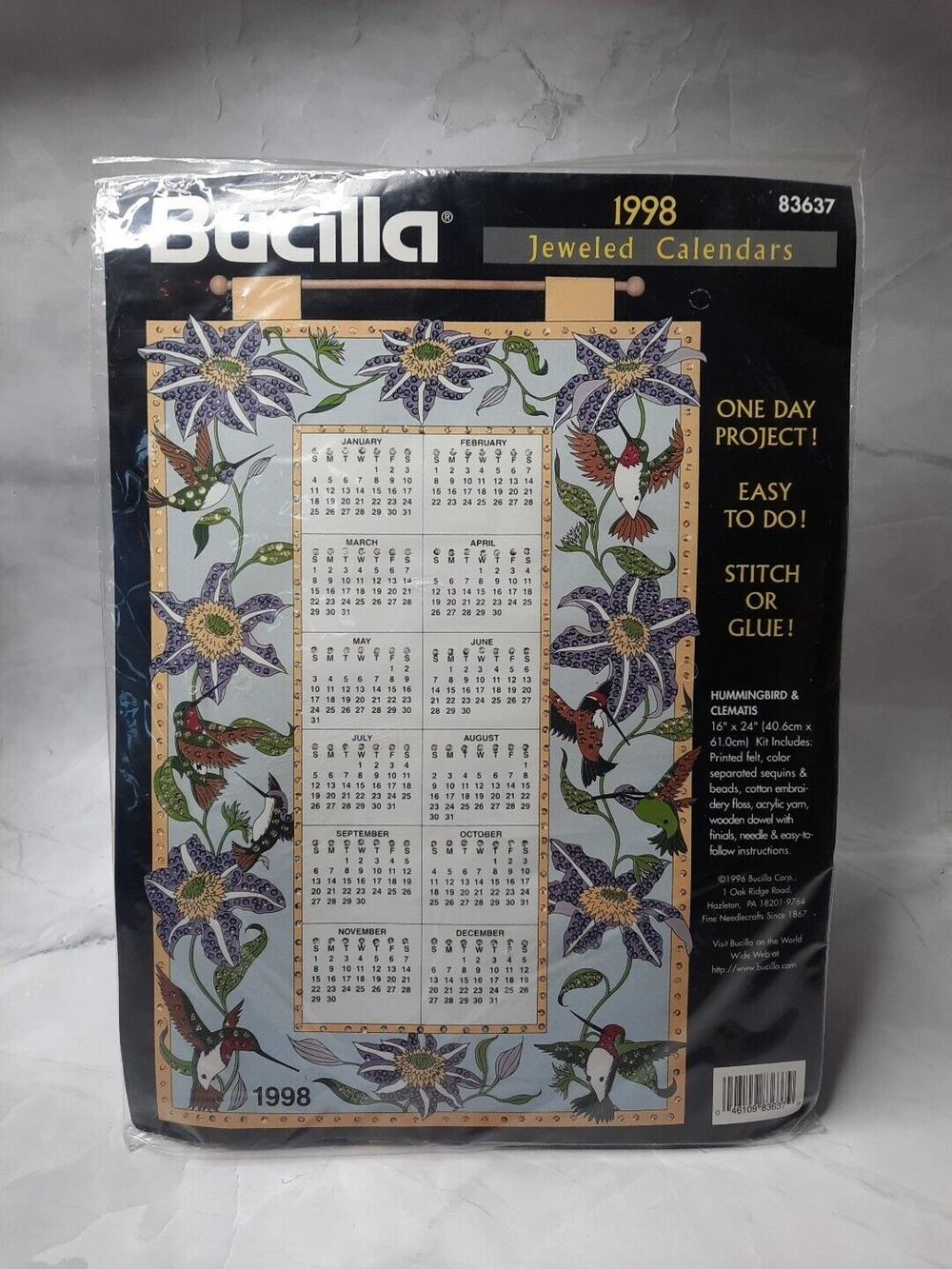 Bucilla 1998 Jeweled Calendar Hummingbird & Clematis 83637 Keepsake Wallhanging